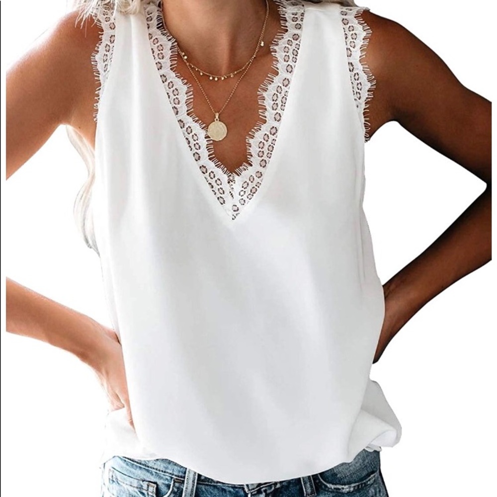 V Neck Lace Trimmed Tank Top in white NWOT